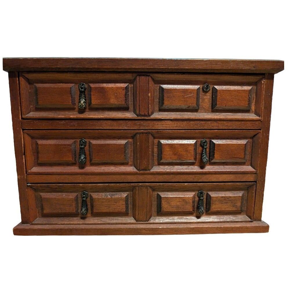 Vintage 1970s Mele 3 Drawer Wood Jewelry Box Mini Chest Paneled Japan